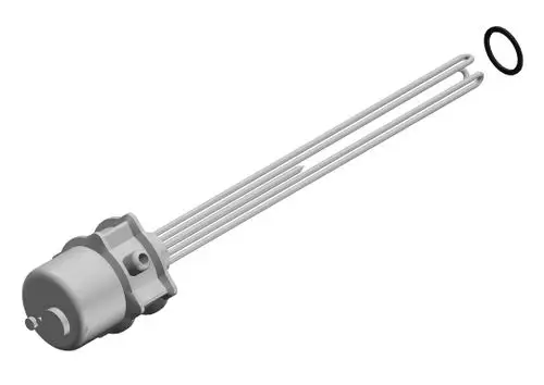 Bosch E-Heizeinsatz mit drei Heizrohren und einer O-Ring-Dichtung. Die Komponenten sind für die installation in Heizsystemen vorgesehen.